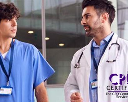 Two healthcare professionals talk to each other. Contains the text “CPD Certified”, The CPD Certification Service.