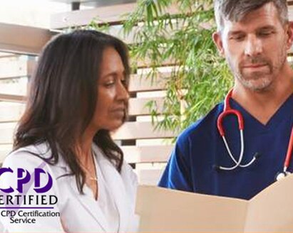 Two doctors discuss the treatment of a patient. Text in the picture, “CPD Certified The CPD Certification Service”