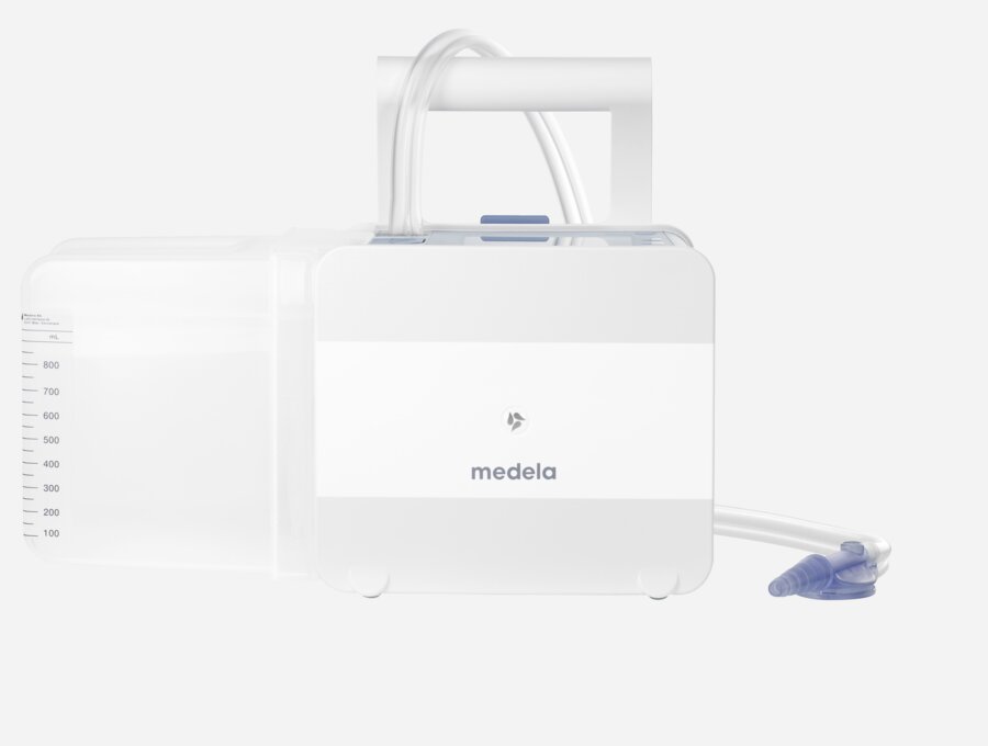 Het Medela Thopaz+ digitale thoraxdrainage- en bewakingssysteem met wegwerpbeker van 800 ml en dubbel lumen slangetje.