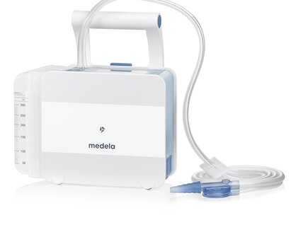 The Medela Thopaz+ digital chest drainage and monitoring system with disposable 300 ml canister and double lumen tubing.