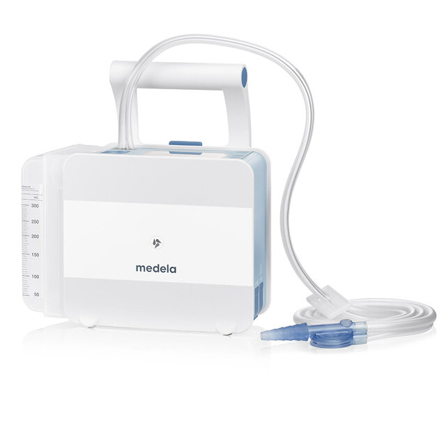 The Medela Thopaz+ digital chest drainage and monitoring system with disposable 300 ml canister and double lumen tubing.