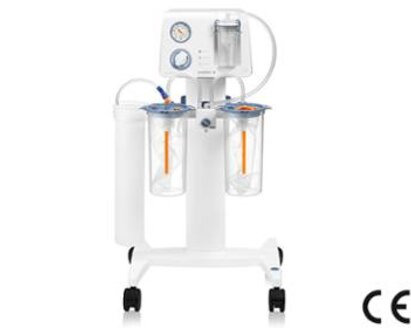 Die mobile Medela Dominant Flex chirurgische Absaugpumpe auf Normschiene mit 2500cc Einwegbehältern mit Linern.
