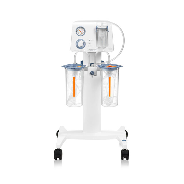 A Medela Dominant Flex surgical suction pump on a mobile standard rail with 2500cc disposable jars with liners.