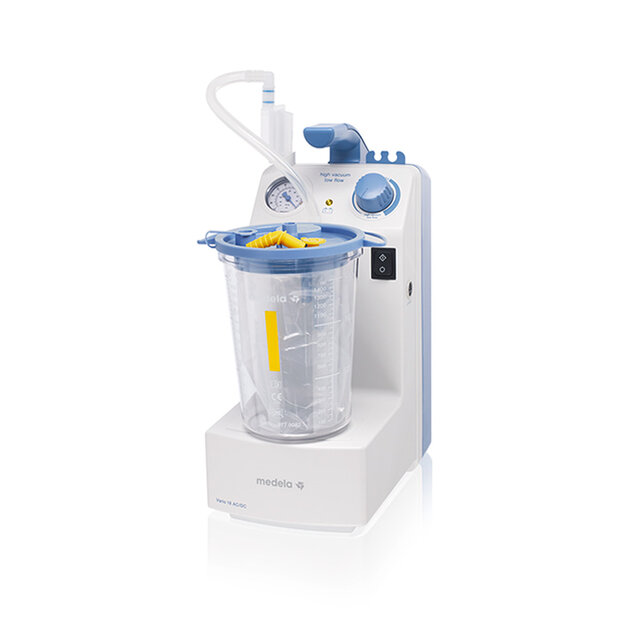 A side view of the Medela Vario 18 AC/DC Suction Pump with a 1.5l disposable suction jar.