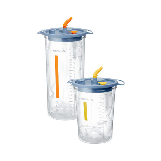 The Medela Disposable Collection System (DCS) suction jars, yellow for 1500cc and orange for 2500cc, for use with surgical pumps.