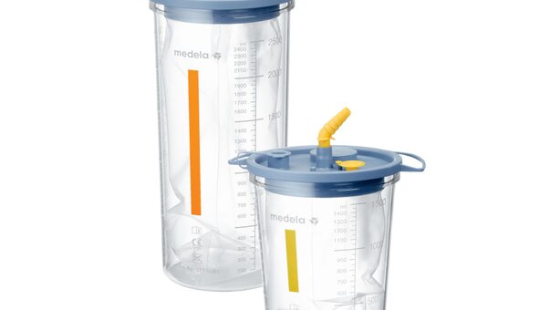 The Medela Disposable Collection System (DCS) suction jars, yellow for 1500cc and orange for 2500cc, for use with surgical pumps.