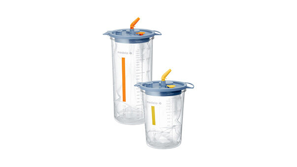 The Medela Disposable Collection System (DCS) suction jars, yellow for 1500cc and orange for 2500cc, for use with surgical pumps.