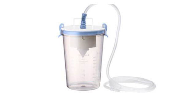 Ein wiederverwendbares Set von Medela, bestehend aus einer PSU-Saugschale, einem Kunststoffklammerhalter und einem Einwegschlauch, erhältlich in den Größen 1, 2, 3 und 5 Liter.