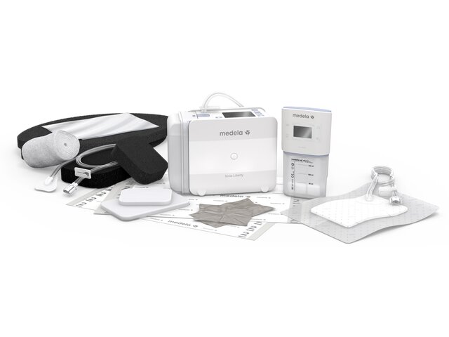 Medela's Negative Pressure Wound Therapy (NPWT) devices, Invia Liberty and Invia Motion, shown with dressing kit options and accessories.