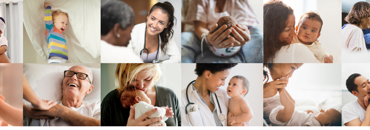 Collage of images: woman holding baby, baby playing, doctor talking to woman, hands holding a newborn, woman and baby, nurse and woman, hand holding baby foot, older person laying in bed, woman holding newborn, doctor holding baby, woman kissing baby's feet, man holding baby.