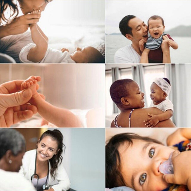 A photo collage of parents, babies and healthcare providers spending time together.