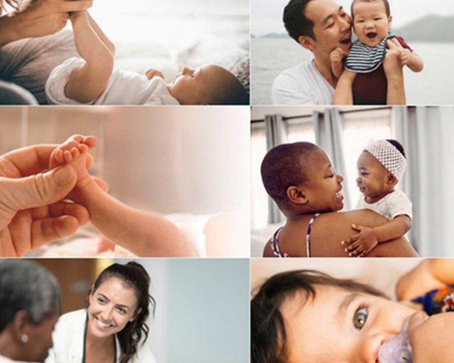 Een fotocollage van ouders, baby's en zorgverleners die samen tijd doorbrengen.
