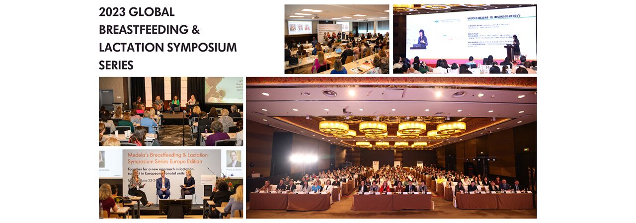 Image shows various groups of people in conference rooms.  Text reads, "2023 Global Breastfeeding and Lactation Symposium Series"