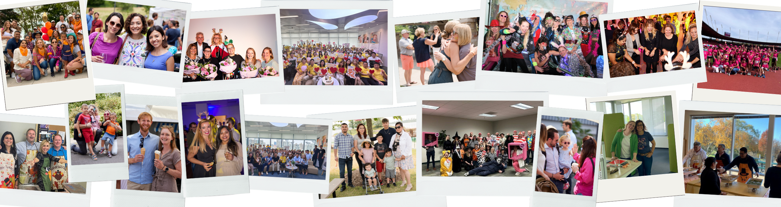 Colagem de dezoito fotografias de grupos de colegas.