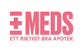 Företagslogotypen för ”MEDS”, en Medela-återförsäljare i Sverige. Innehåller text: ”ett riktigt bra apotek”