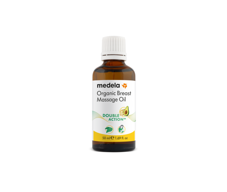 Un flacone non aperto da 50 ml di Medela Olio per massaggi al seno Organic & Vegan.