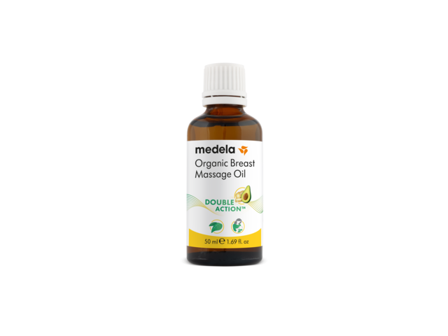 An unopened 50ml/1.69 fl. oz bottle of Medela Organic Breast Massage Oil.