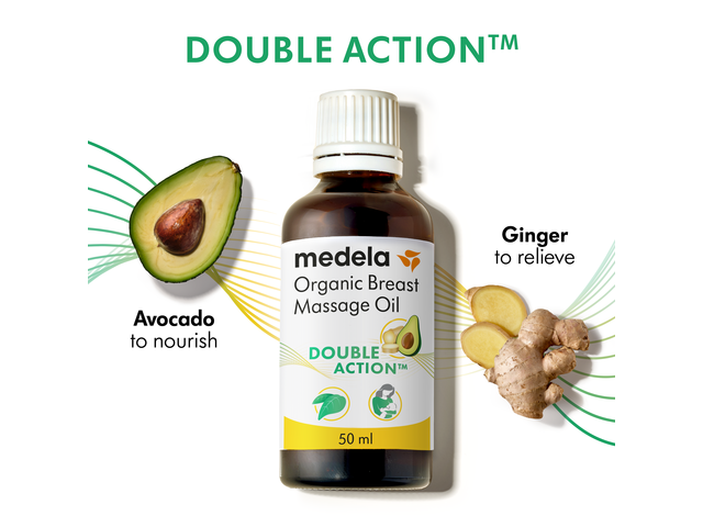 An unopened 50ml bottle of Medela Organic Breast Massage Oil with pictured ingredients and text. The text reads: “Double Action™”, "Avocado to nourish", "Ginger for soothe".