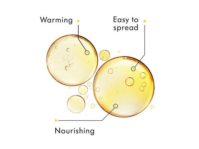 Illustration of Medela Organic Breast Massage Oil droplets with text. The text reads: “Warming”, “Easy to spread", "Nourishing".