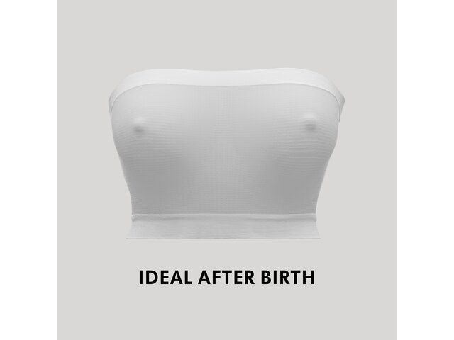 Front view of the Medela No Pressure Band™ bra in white with the text “Ideal after birth”.