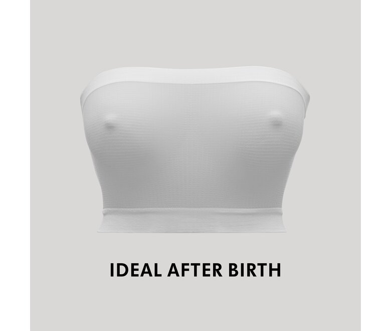 Vorderansicht des Medela No Pressure Band™-BHs in Weiß mit der Aufschrift „Ideal nach der Geburt“.