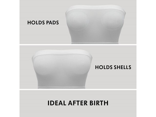  The Medela No Pressure Band™ Bra in white, with three views and text, "Holds Pads", "Holds Shells" and "Ideal after birth".