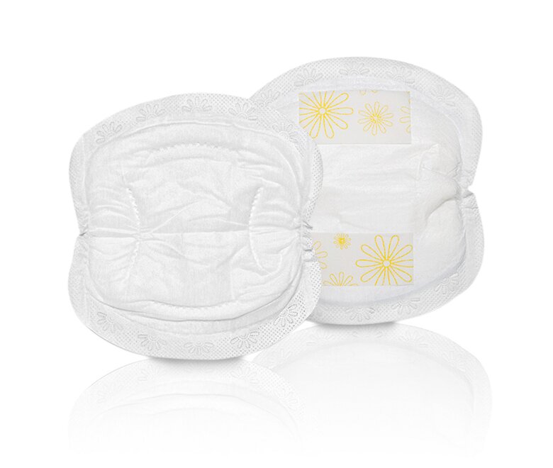 Vue avant et arrière des coussinets d'allaitement jetables Medela Safe & Dry™.