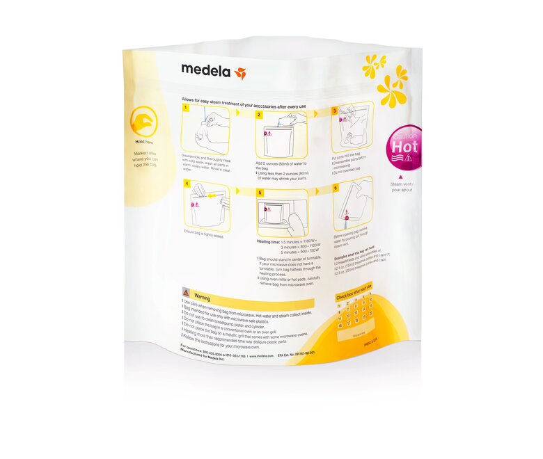 Il lato posteriore di un sacchetto per microonde Medela Quick Clean™.