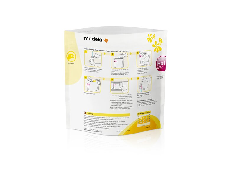 Il lato posteriore di un sacchetto per microonde Medela Quick Clean™.