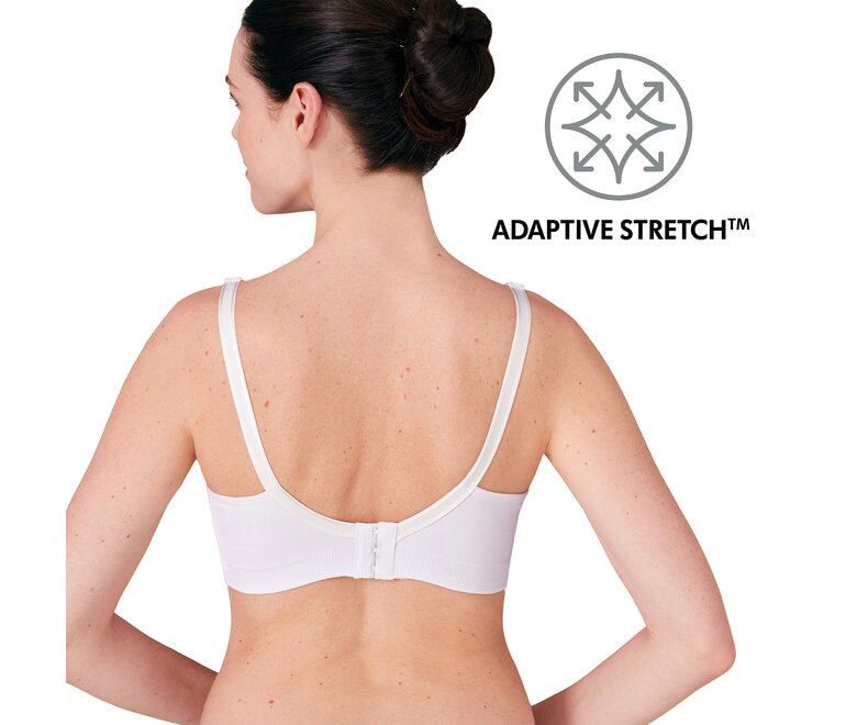 Reggiseno per allattamento e pompaggio Medela 3in1 Bianco con testo “Adaptive Stretch”.