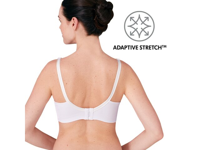 Reggiseno per allattamento e pompaggio Medela 3in1 Bianco con testo “Adaptive Stretch”.