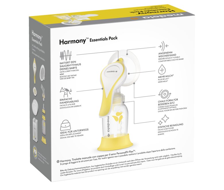 Face arrière de l'emballage de vente au détail de l'ensemble de tire-lait manuel Medela Harmony™ Essentials Pack.