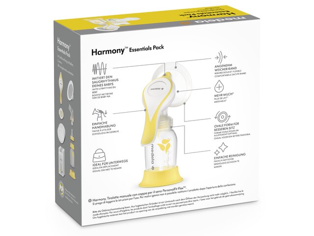 Rückseite der Verkaufsverpackung für das Medela Harmony™ Essentials Pack Handmilchpumpen-Set.