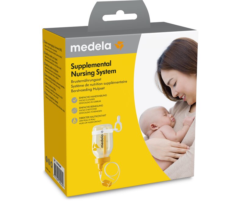 Vooraanzicht van de retailverpakking van het Supplemental Nursing System (SNS).