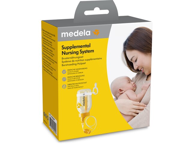 Front view of the retail packaging for the Supplemental Nursing System (SNS).