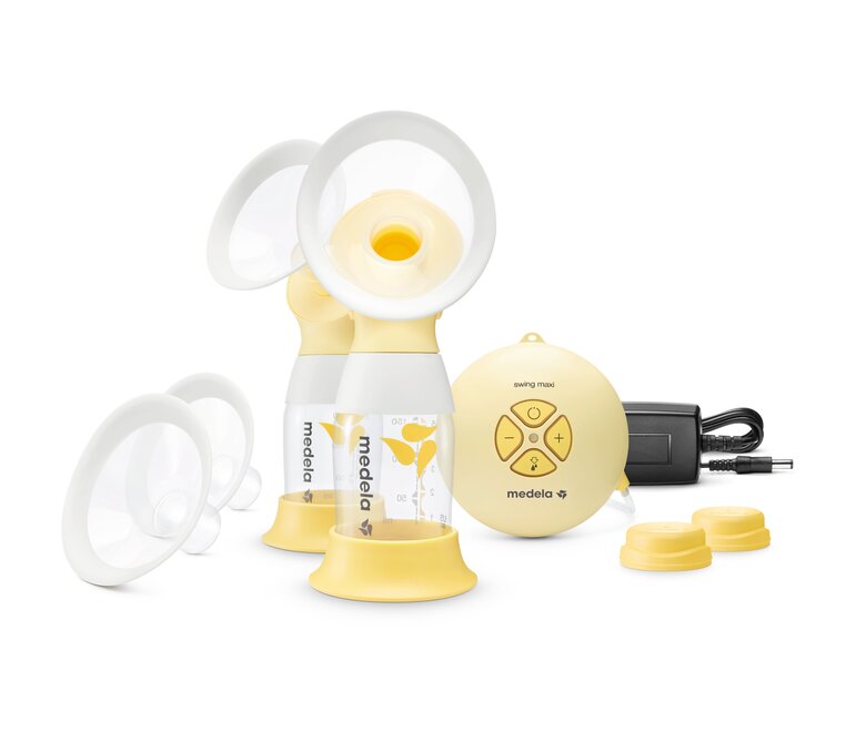 De Medela Swing Flex™ Tweefasen elektrische borstkolf met PersonalFit Flex™ dubbele afkolfset, flessenhouder x2 en stroomadapter. 