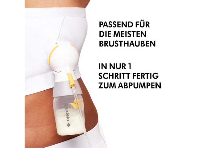 Das Hands-free™ Pumping Bustier in weiß mit Text "Passend für die meisten Brusthauben" und "in nur 1 schritt fertig zum abpumpen".