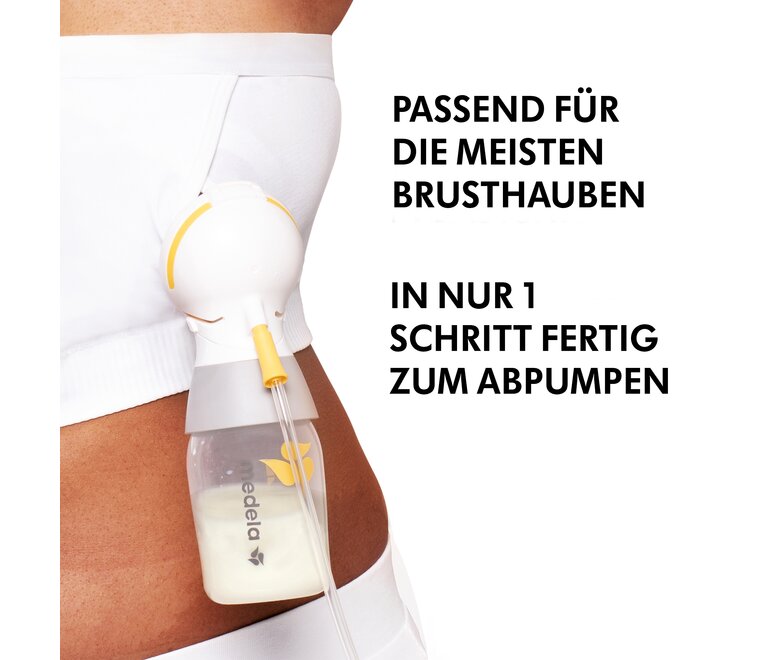 Das Hands-free™ Pumping Bustier in weiß mit Text "Passend für die meisten Brusthauben" und "in nur 1 schritt fertig zum abpumpen".