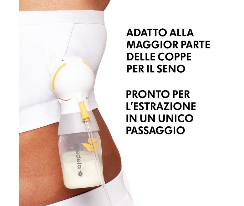 Il lato sinistro di una donna che indossa un bustier per il pompaggio Medela Hands-free™ bianco con un set di pompaggio singolo collegato. Testo: “Adatto alla maggior parte delle coppe per il seno”, “Pronto per l'estrazione in un unico passaggio”.