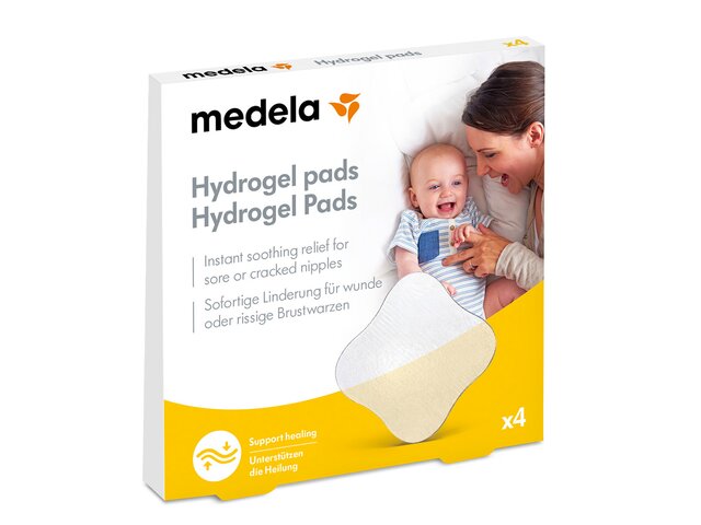 L'emballage de vente au détail des compresses hydrogel de Medela, vue de face.