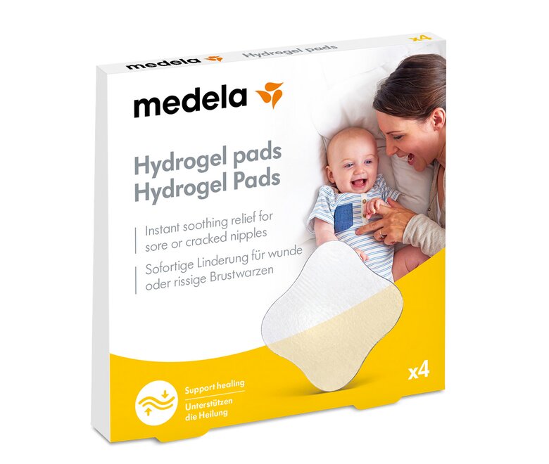 La confezione al dettaglio degli assorbenti idrogel Medela, vista frontale.