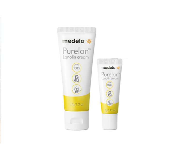 Twee tubes Medela Purelan™ lanolinecrème in de maten 37 g en 7 g voor onderweg.