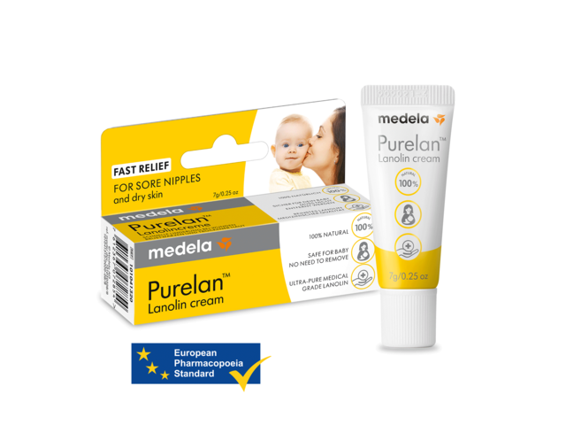 Un tubetto da 7 g di crema alla lanolina Purelan™ di Medela accanto alla sua confezione al dettaglio. Include anche il testo “European Pharmacopoeia Standard”.