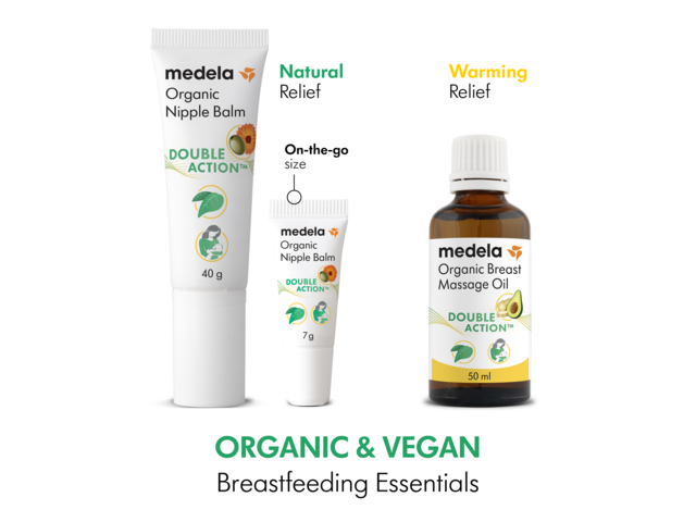 The Medela Organic Nipple Cream in 7g and 40g sizes, and Organic Breast Oil in a 50ml bottle. Text caption: “Organic & Vegan”, "Breastfeeding Essentials", "Warming Relief".