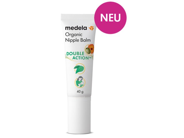 Eine ungeöffnete 40g Tube Medela Organic Nipple Cream mit einem magentafarbenen Etikett: „NEU“.