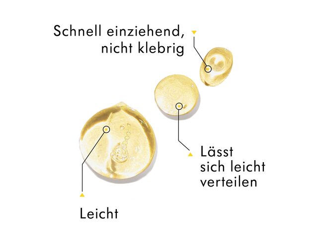 Die Tröpfchen der Medela Veganer Bio-Brustwarzencreme sind mit dem beschreibenden Text „Schnell einziehend, nicht klebrig“, „Lasst sich leicht verteilen“, „Leicht“.