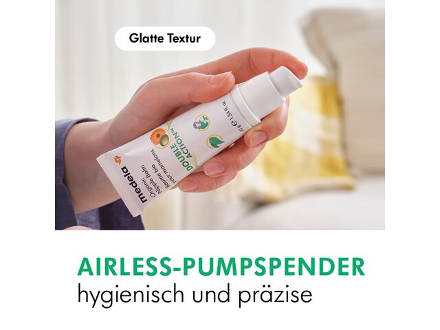 Eine 40g Medela Organic Nipple Cream mit abgenommener Kappe, die die luftlose Pumpe zeigt, mit der die Creme verteilt wird. Text im Untertitel: „ Glatte Textur“, „Airless-Pumpspender - Hygienisch und präzise“.