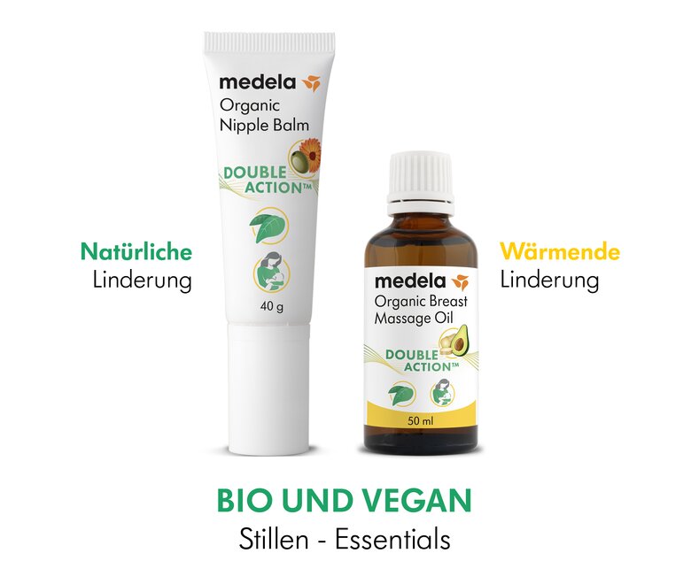 Eine 40g Medela Bio-Brustwarzencreme und 50ml Bio-Brustöl. Textüberschrift: „Natürliche Linderung“, ‚Wärmende Linderung‘, ‚Bio und Vegan‘.