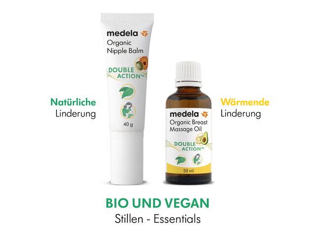 Eine 40g Medela Bio-Brustwarzencreme und 50ml Bio-Brustöl. Textüberschrift: „Natürliche Linderung“, ‚Wärmende Linderung‘, ‚Bio und Vegan‘.