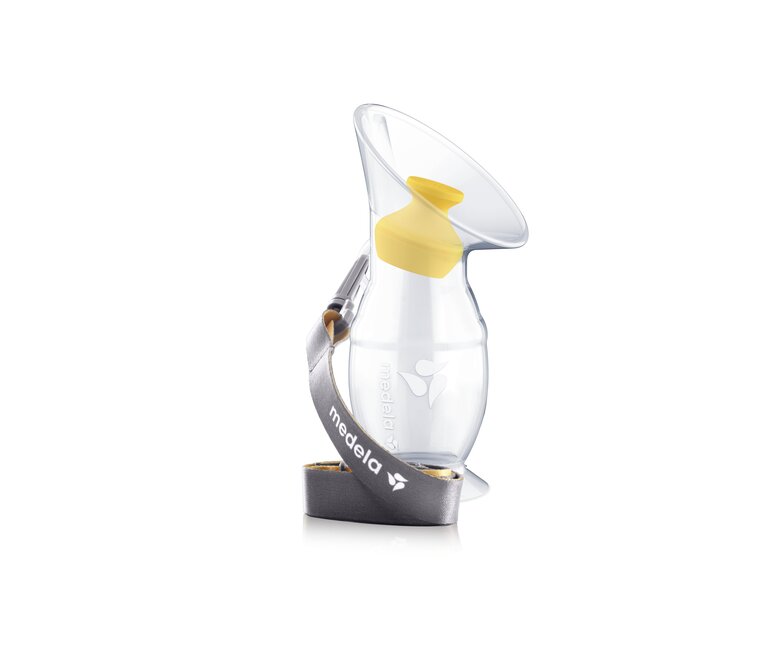 De Medela siliconenopvangbeker voor moedermelk met stop en koord.